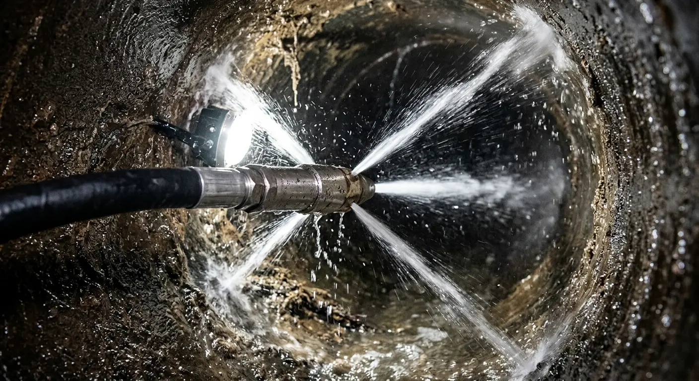 High-pressure hydro jetting nozzle cleaning sewer pipe for Emergency Drain Service in Millersville