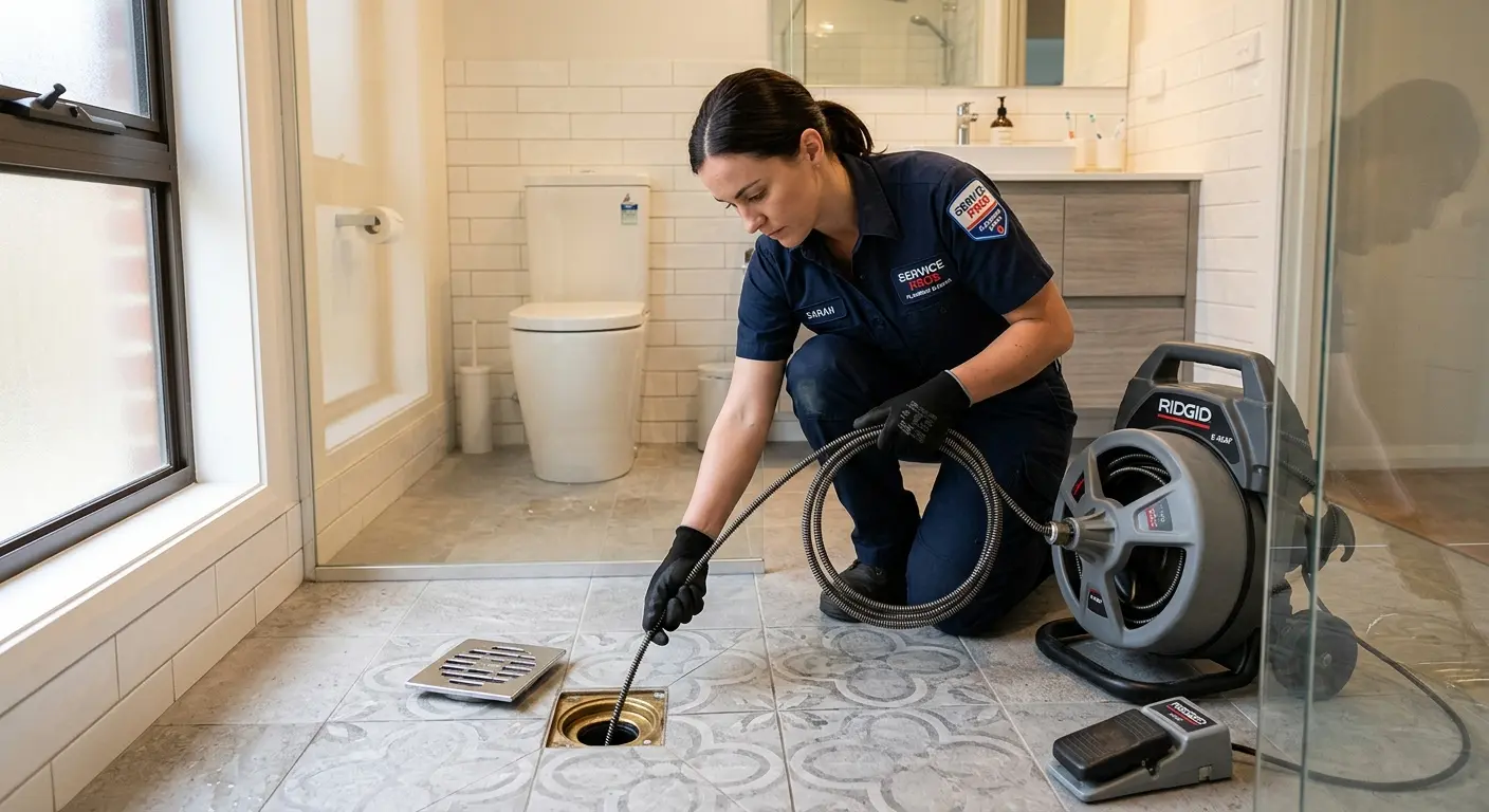 Technician clearing a bathroom floor drain for Sewer Line Installation in Millersville
